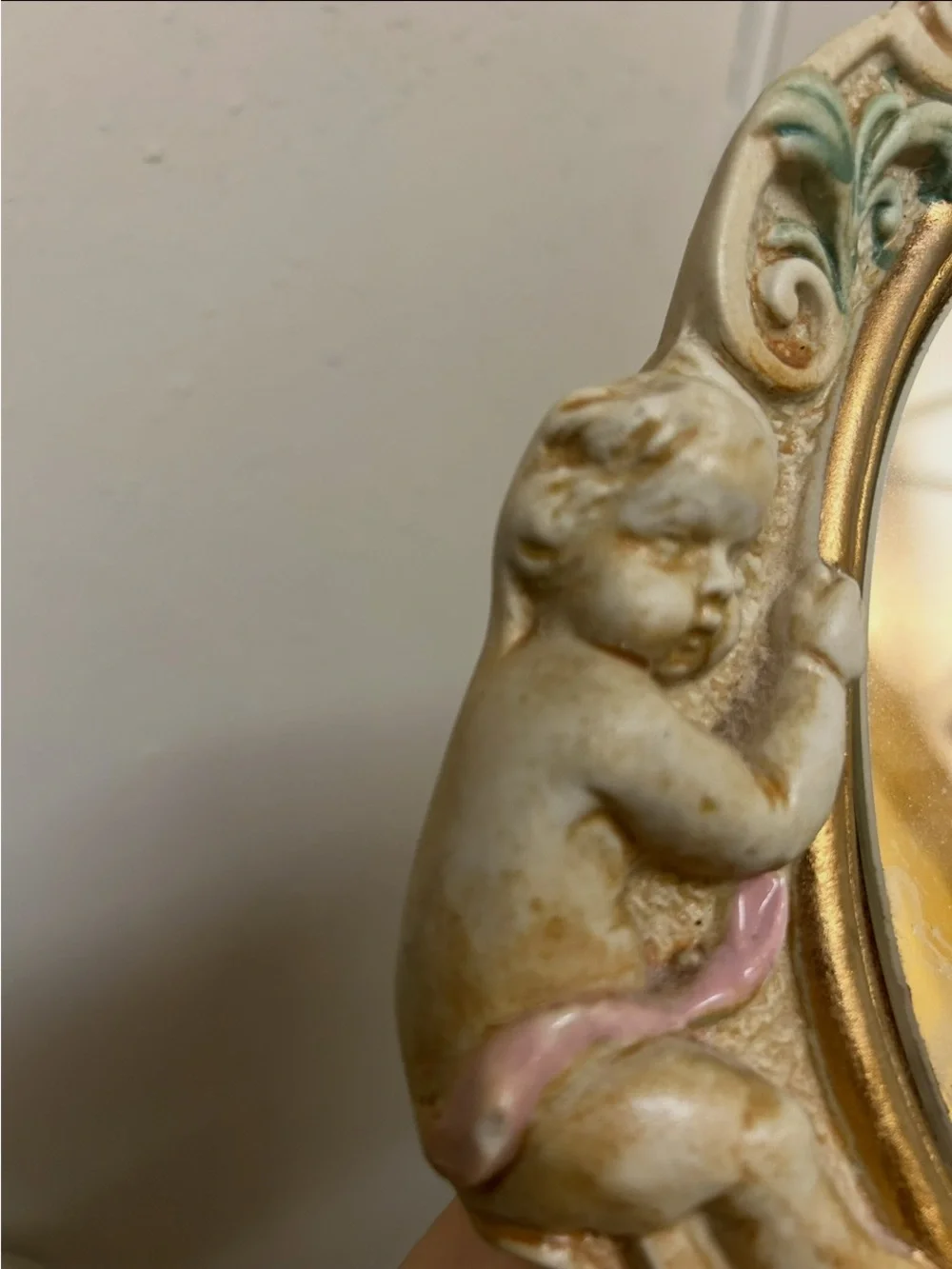 Small Ornate Cherub Tabletop Mirror in Cream and Gold